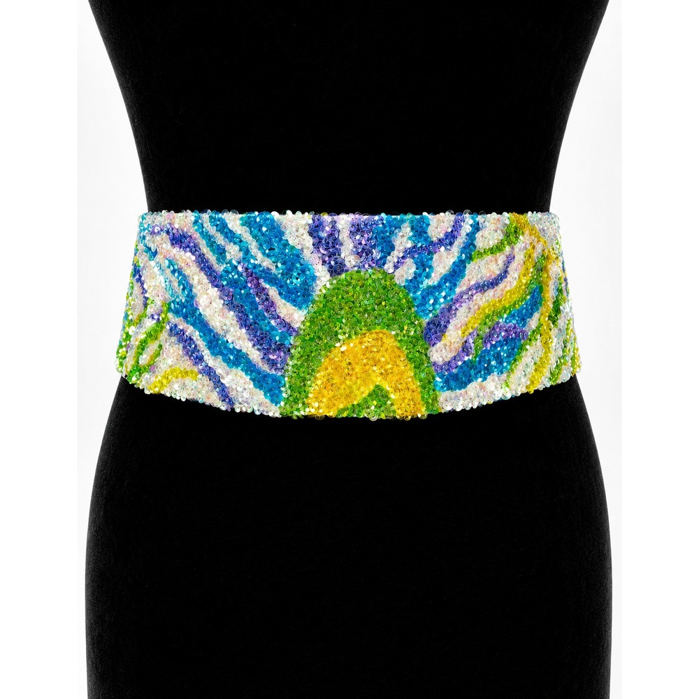 Vintage La Mendola Royal Bird Hand Beaded Blue‎ White Pure Silk Chiffon Belt